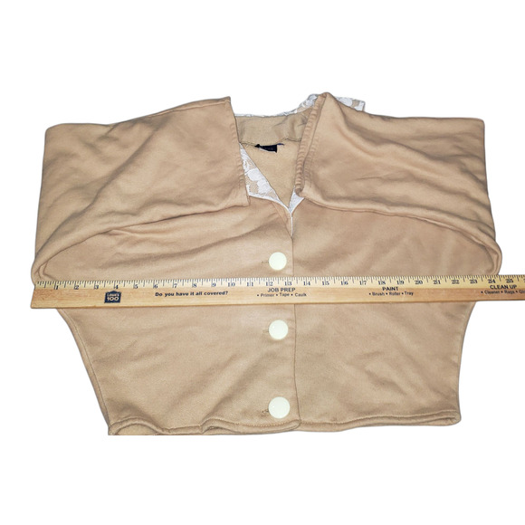 Honey Cropped Tan Cardigan M/L Sailor Collar Lace Cream Buttons Dolman Sleeve - Picture 8 of 9